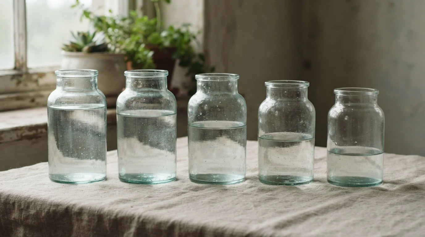 Frascos de vidrio con el nivel de agua cada vez más bajo