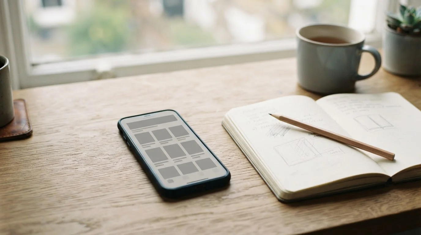 Teléfono móvil con una app de apuestas genérica junto a un cuaderno de cálculos