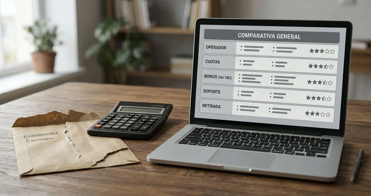 Escritorio con portátil, calculadora y un sobre abierto junto a una tabla comparativa sin nombres