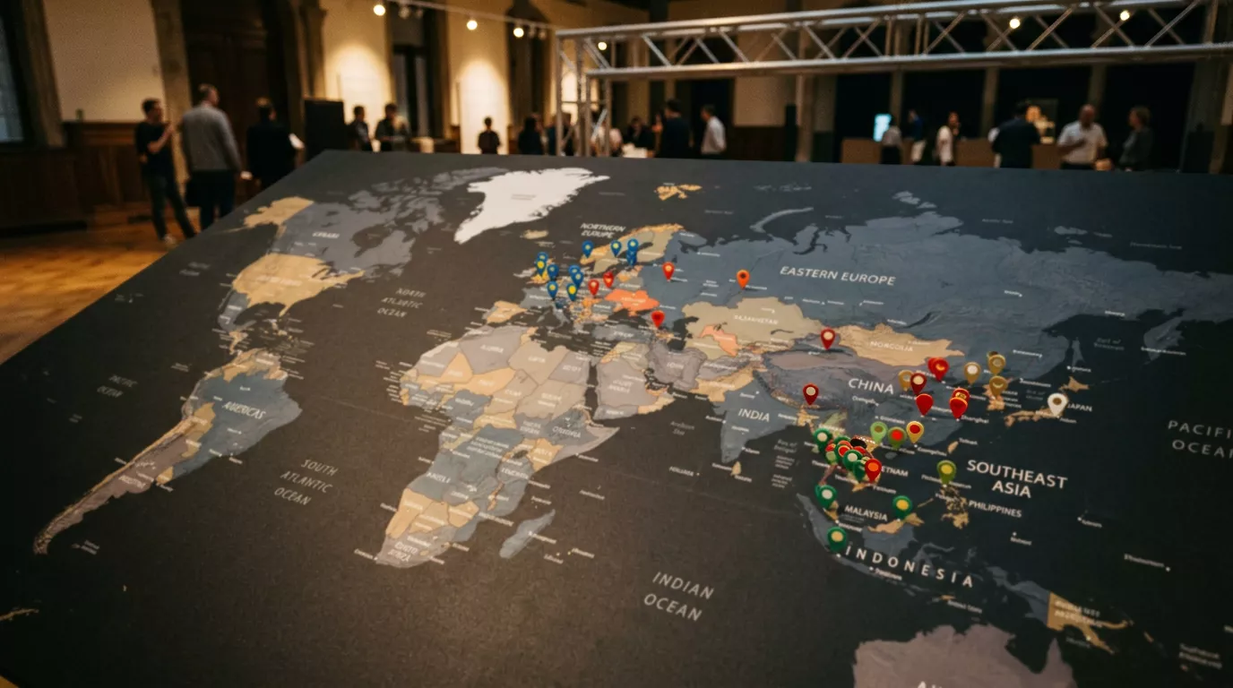 Mapa mundial con regiones competitivas de Dota 2 y datos de rendimiento para apuestas
