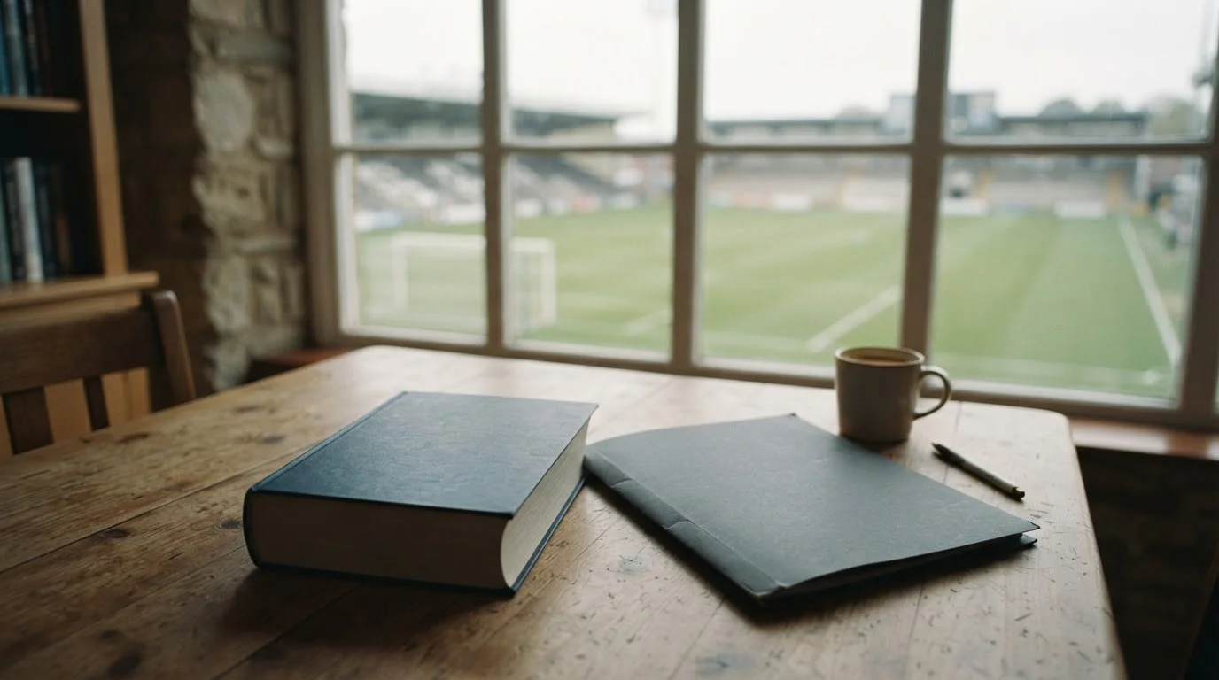 Libro de leyes y carpeta cerrada sobre una mesa, con un campo de fútbol vacío al fondo
