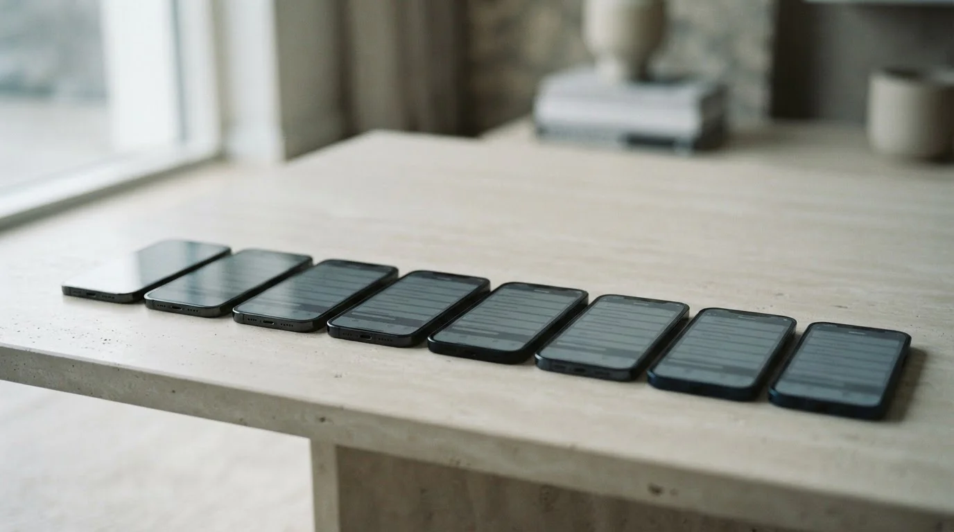 Ocho teléfonos móviles alineados con interfaces genéricas sin marca