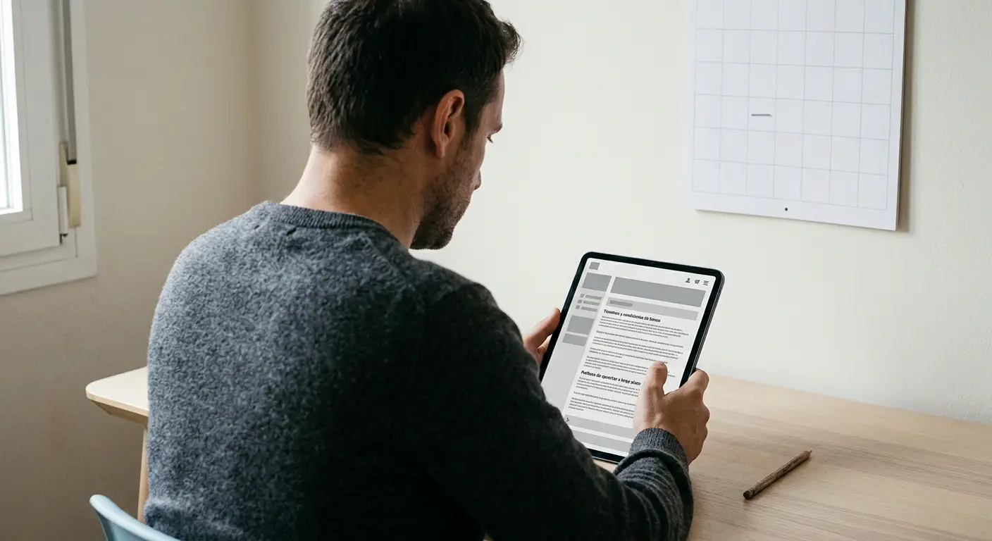 Persona de espaldas leyendo condiciones en una tableta junto a un calendario de pared con un plazo marcado