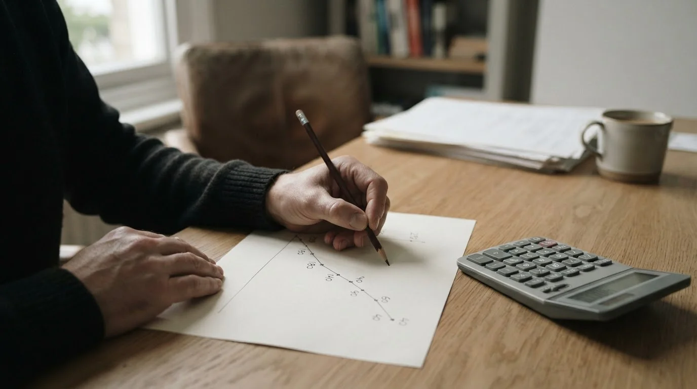 Gráfico descendente dibujado a lápiz junto a una calculadora
