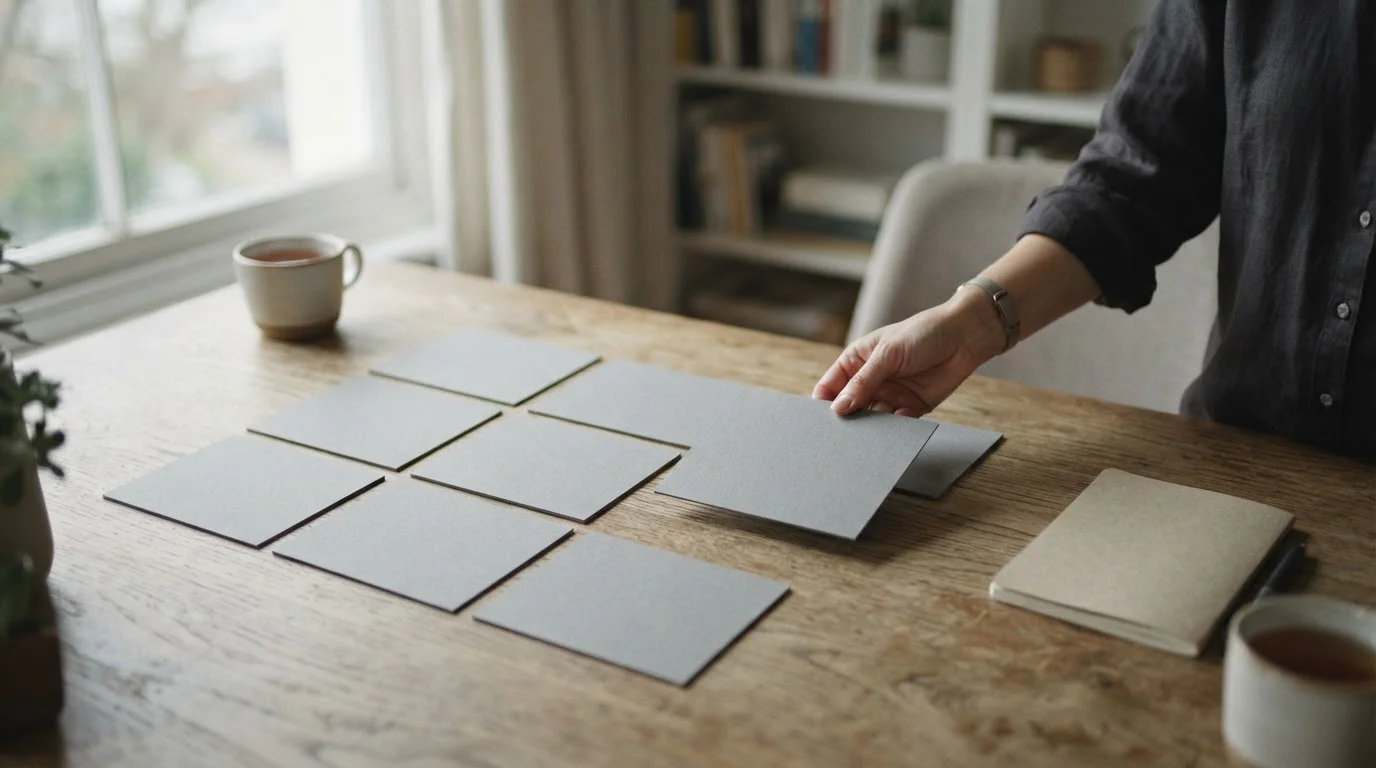 Nueve piezas de papel gris en cuadrícula sobre una mesa, una apartada a mano
