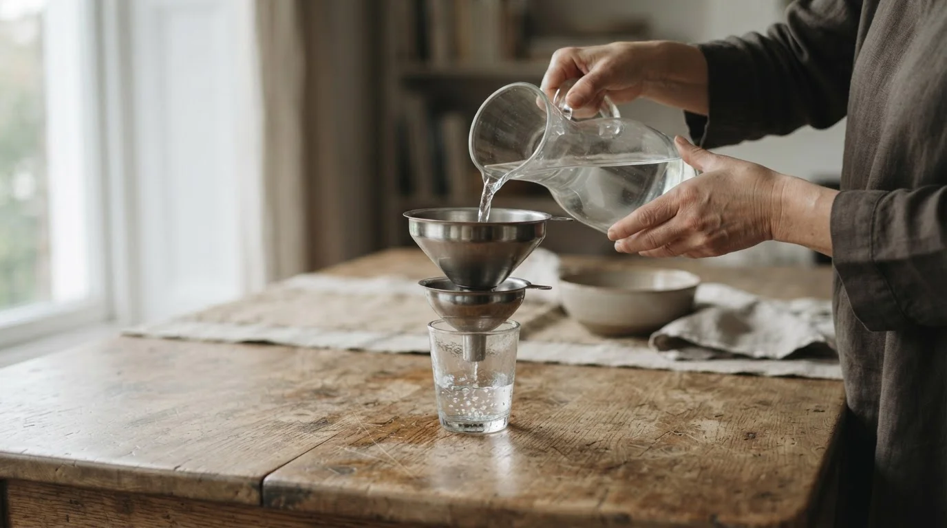 Agua que atraviesa tres embudos y llega en poca cantidad a un vaso