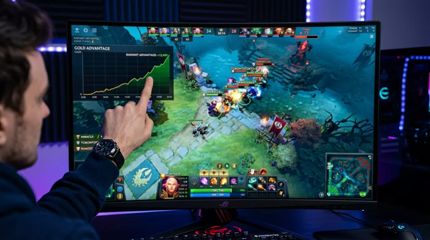 Indicadores in-game de Dota 2 como gold lead torres y Roshan usados para apuestas en vivo