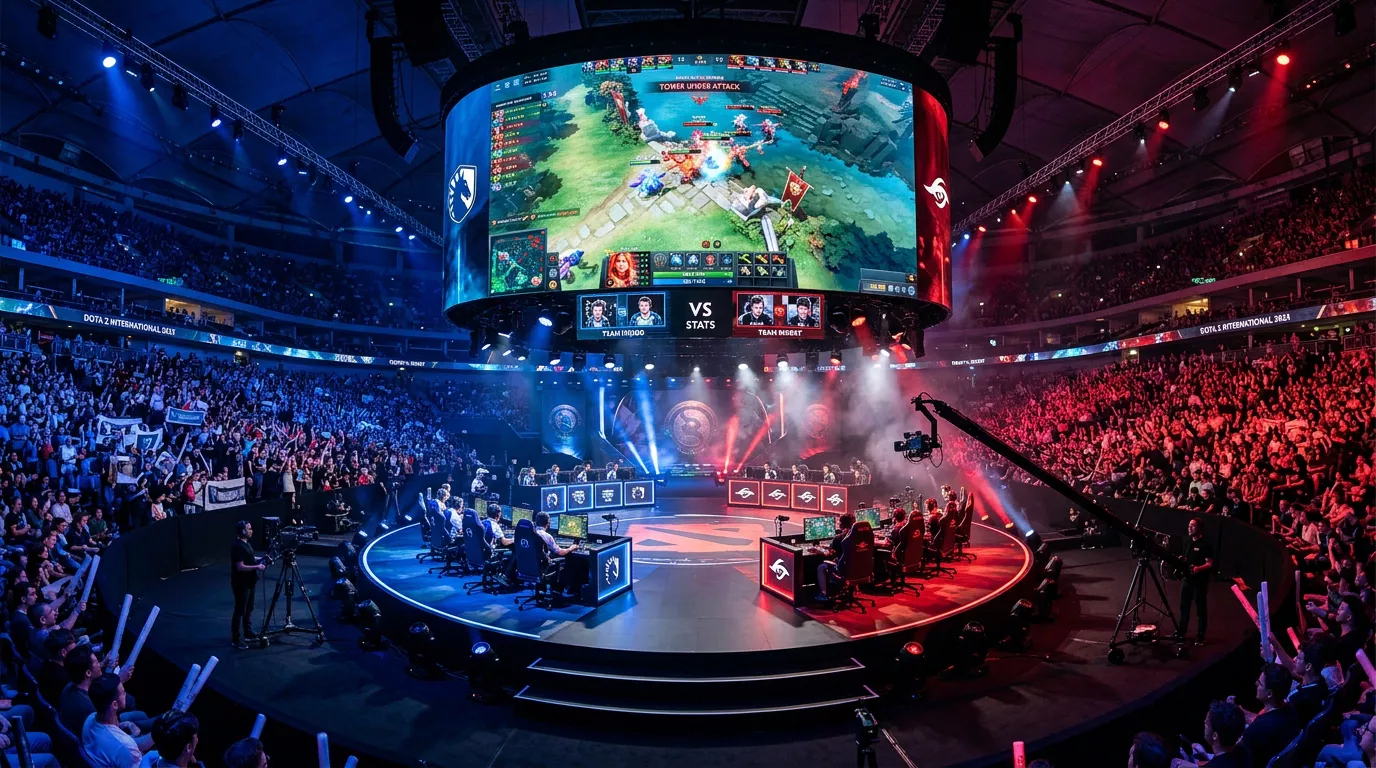 Escenario de The International de Dota 2 con audiencia y jugadores profesionales