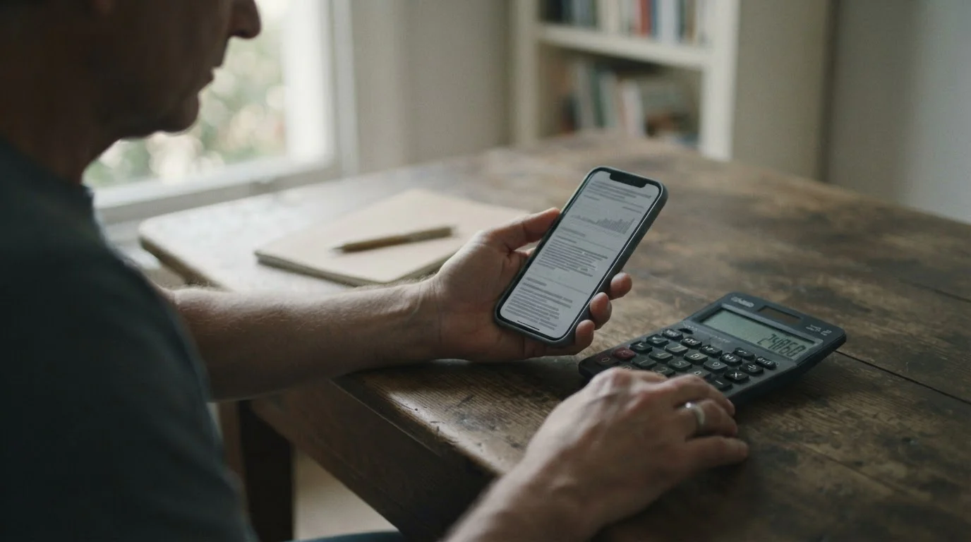 Manos con un móvil que muestra condiciones de bono junto a una calculadora