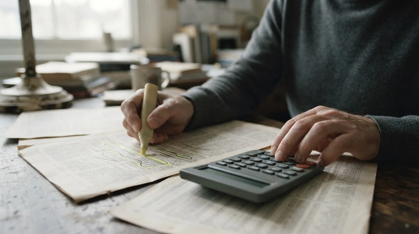 Manos con una calculadora sobre las condiciones impresas de un bono