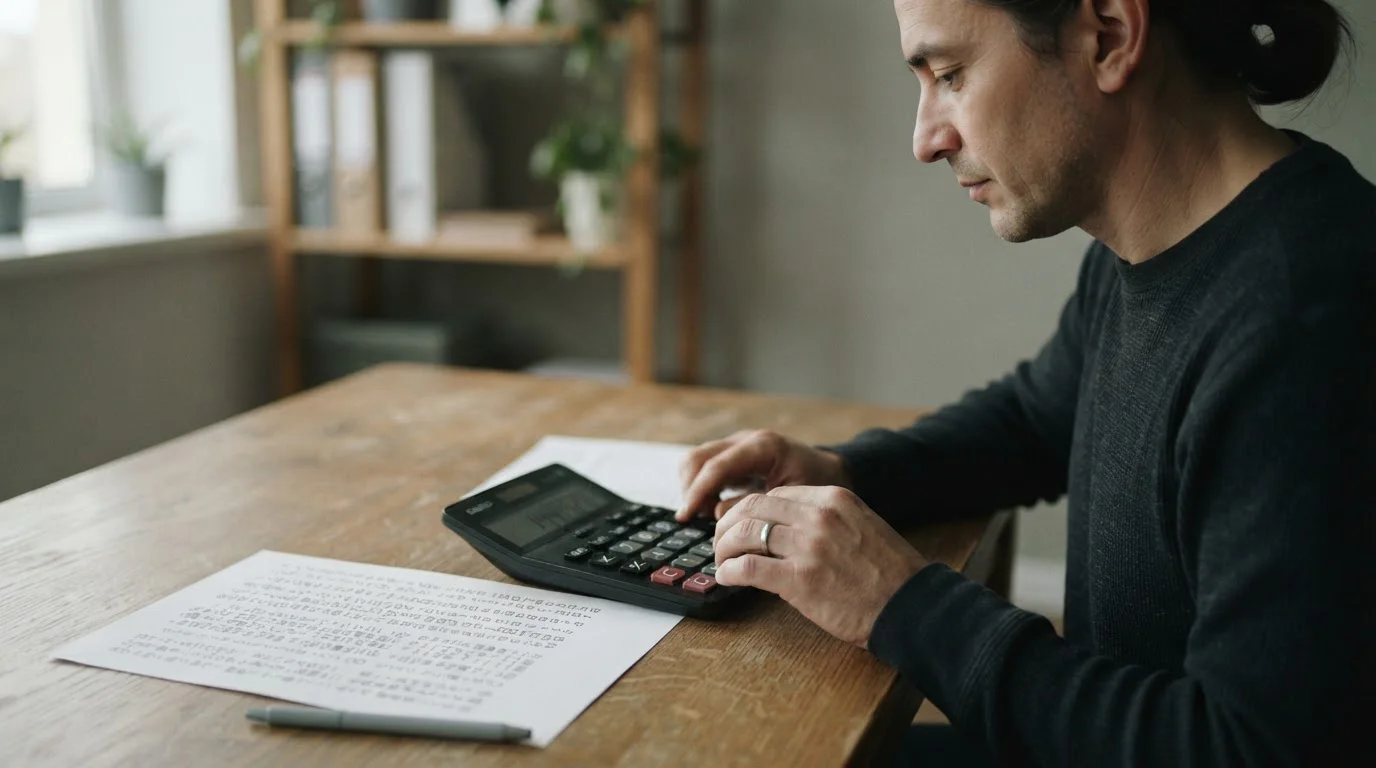 Manos con una calculadora junto a una hoja de condiciones de bono