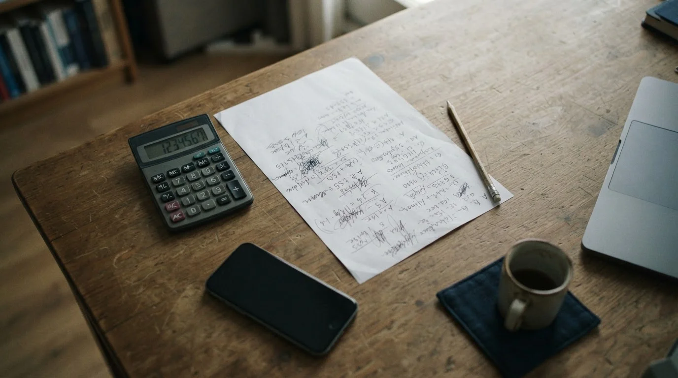 Calculadora y hoja con cálculos a mano junto a un móvil